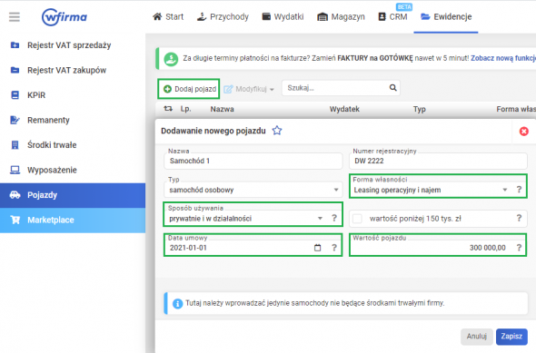 Zmiany w rozliczeniach samochodów - dodawanie nowego pojazdu
