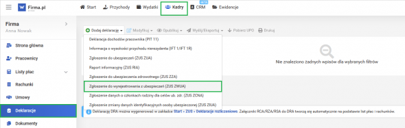 Jak rozwiązać umowę o pracę - dodawanie deklaracji ZUS ZWUA