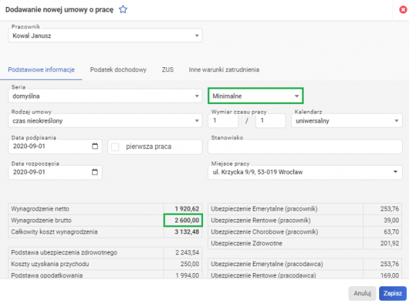 minimalne wynagrodzenie w umowie