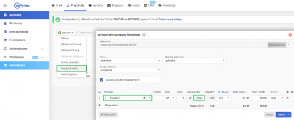 Paragon fiskalny - sposób wystawienia w systemie wFirma.pl
