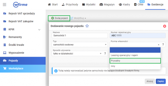 Dodanie samochodu prywatnego do systemu - rozliczenie kosztów w ramach kilometrówki- wprowadzenie pojazdu do ewidencji