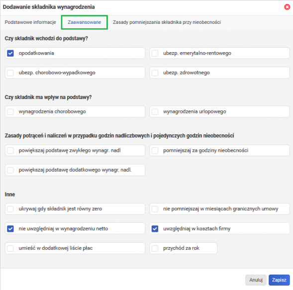 Dodatkowe świadczenia dla pracownika - parametry do naliczeń