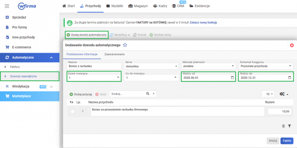 Dowody wewnętrzne dokumentujące przychody  - automatyczne