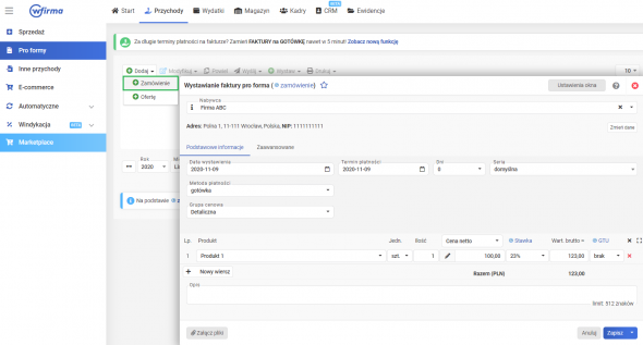 Faktura pro forma - dodawanie zamówienia