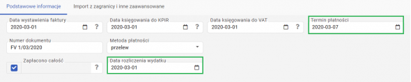 Inne wydatki związane z działalnością gospodarczą - termin płatności