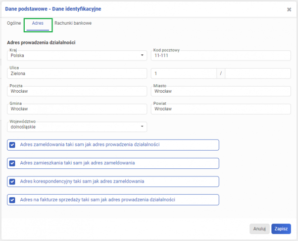 Dane podstawowe - adres firmy