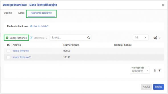 Dane podstawowe - rachunki bankowe