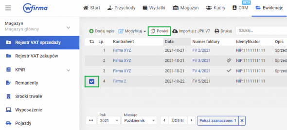 Rejestr sprzedaży VAT - powielanie wpisu