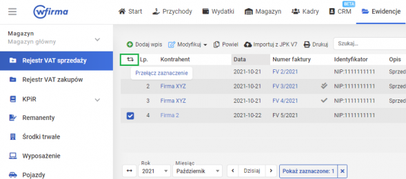 Rejestr sprzedaży VAT - przełączanie zaznaczenia