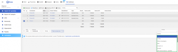 Rejestr sprzedaży VAT - filtrowanie