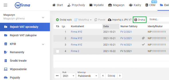 Rejestr sprzedaży VAT - drukowanie