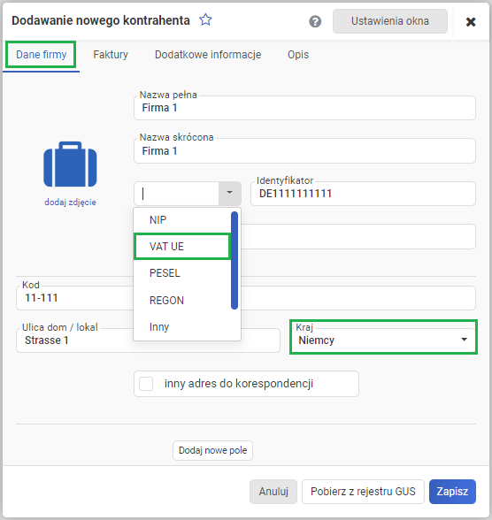 Dodawanie nowego kontrahenta z UE
