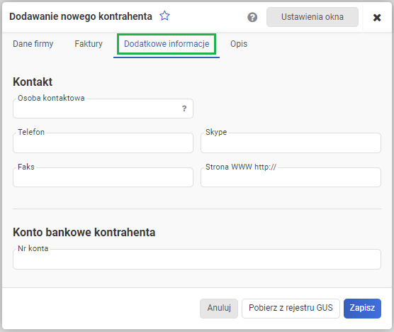 Dodawanie nowego kontrahenta - dodatkowe informacje