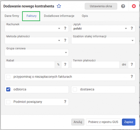 Dodawanie nowego kontrahenta - informacje o odbiorcy