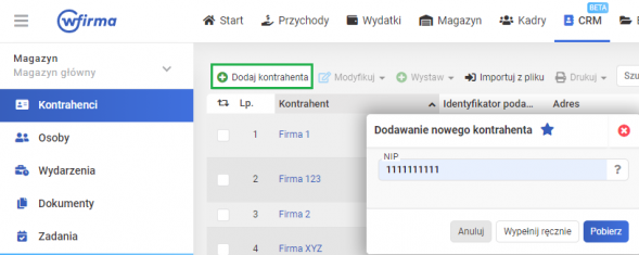 Dodawanie nowego kontrahenta - CRM