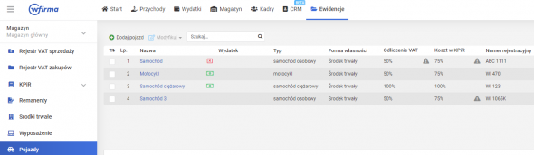 Ewidencja pojazdów - pojazdy
