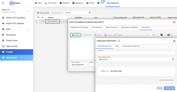 Ewidencja pojazdów - dodawanie dokumentów