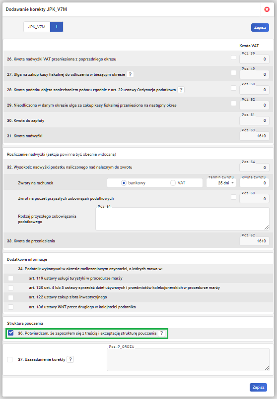 Korekta JPK V7 - dodawanie korekty
