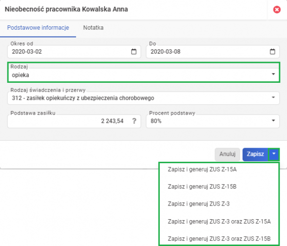 Wniosek Z-15A/B pracownika w systemie wFirma.pl - generowanie wniosku