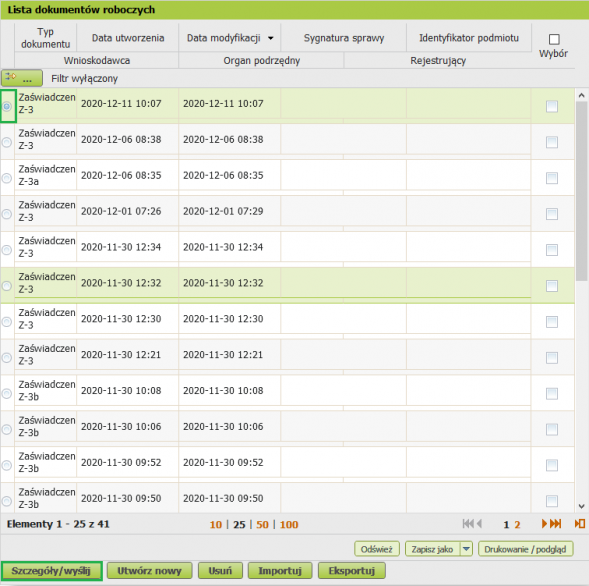 Eksport zaświadczeń z-3 - dokument na liście