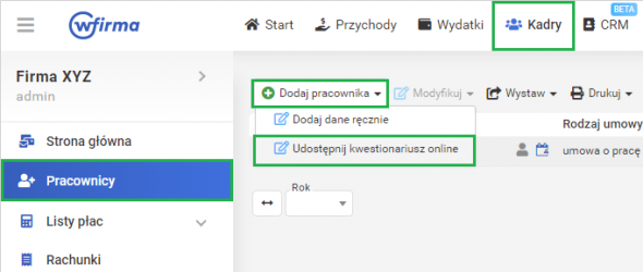 Kwestionariusz osobowy - dodawanie pracownika