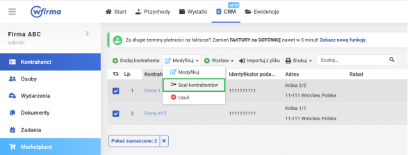 Scalanie kontrahentów - zakładka CRM