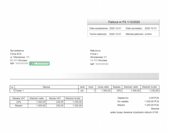 bdo - jak dodać na fakturze?