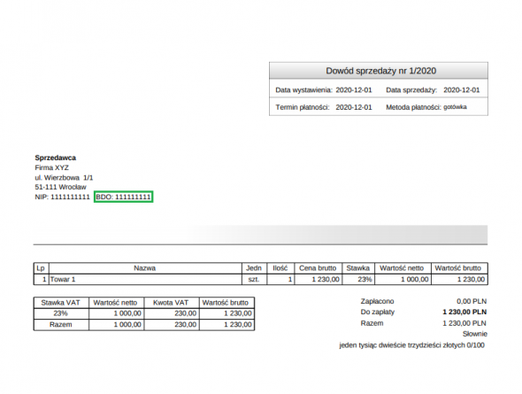 bdo na dowodzie sprzedaży