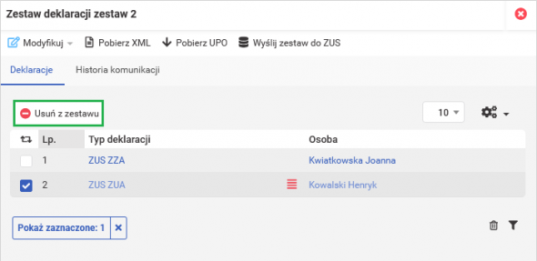 Wysyłka zestawu deklaracji - usuwanie deklaracji z zestawu