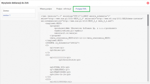 Wysyłka zestawu deklaracji - podgląd xml zestawu