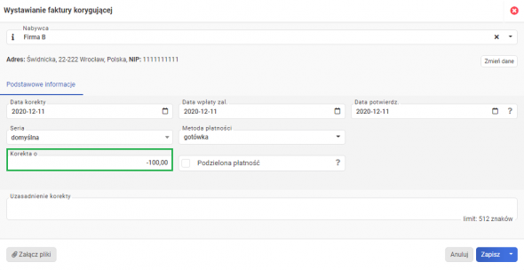 Korekta faktury zaliczkowej