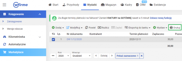 Diety w podróży służbowej przedsiębiorcy - drukowanie dokumentu DW wystawionego w systemie wfirma.pl