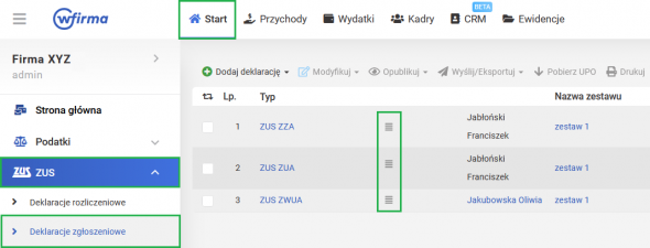 Wysyłka zestawu deklaracji - deklaracje wysłane do ZUS