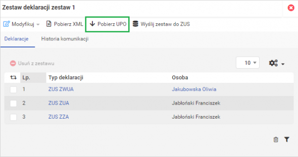 Wysyłka zestawu deklaracji - pobieranie UPO zestawu