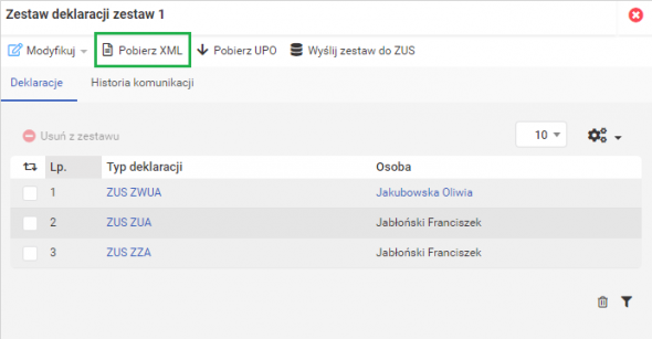 Wysyłka zestawu deklaracji - pobieranie pliku xml