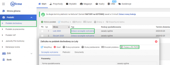 JPK PKPIR - widok podatku dochodowego