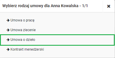 Dodawanie umowy o dzieło w systemie wFirma.pl - wybór rodzaju umowy