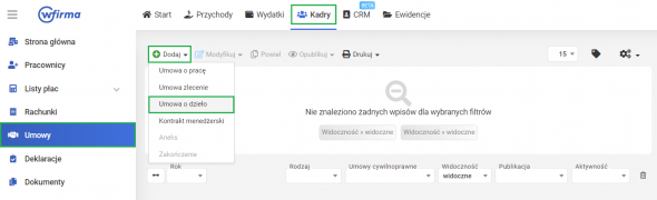 Dodawanie umowy o dzieło w systemie wFirma.pl - dodawanie