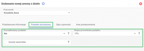 Dodawanie umowy o dzieło w systemie wFirma.pl - zakładka podatek dochodowy