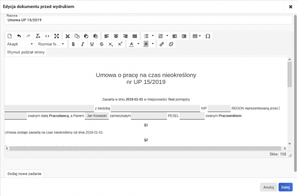 Edytowanie wygenerowanej umowy w systemie wFirma.pl  - edycja wygenerowanej umowy