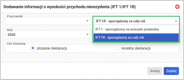 IFT-1R rodzaj deklaracji