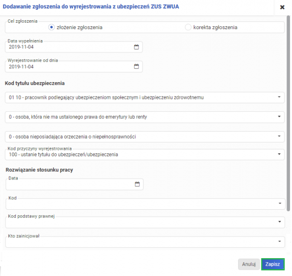 Deklaracje ZUS pracownika - ZUS ZWUA