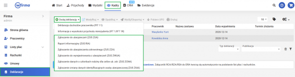 Deklaracje ZUS pracownika - jak dodać?
