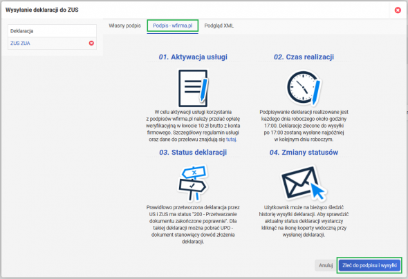 Deklaracje ZUS pracownika - wysłanie z wFirma.pl