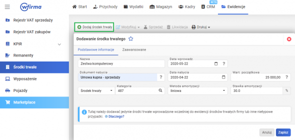 Ewidencja środków trwałych - dodawanie środka trwałego