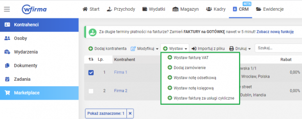 CRM wystawianie dokumentów w systemie wFirma