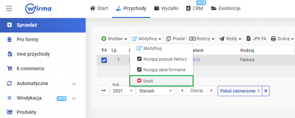 Usuwanie wystawionej faktury w systemie