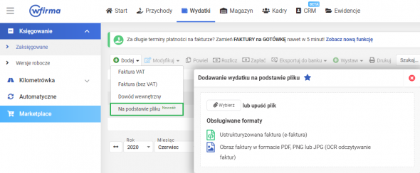 Księgowanie wydatku na podstawie pliku - dodawanie wydatku