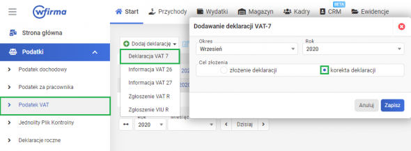 Korekta deklaracji VAT - generowanie