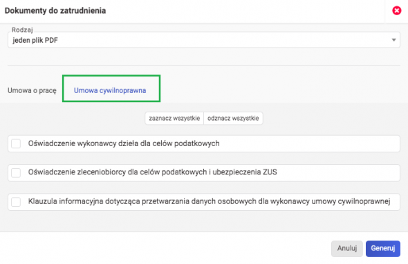 zatrudnienie zleceniobiorcy - dokumenty do zatrudnienia - umowa cywilnoprawna